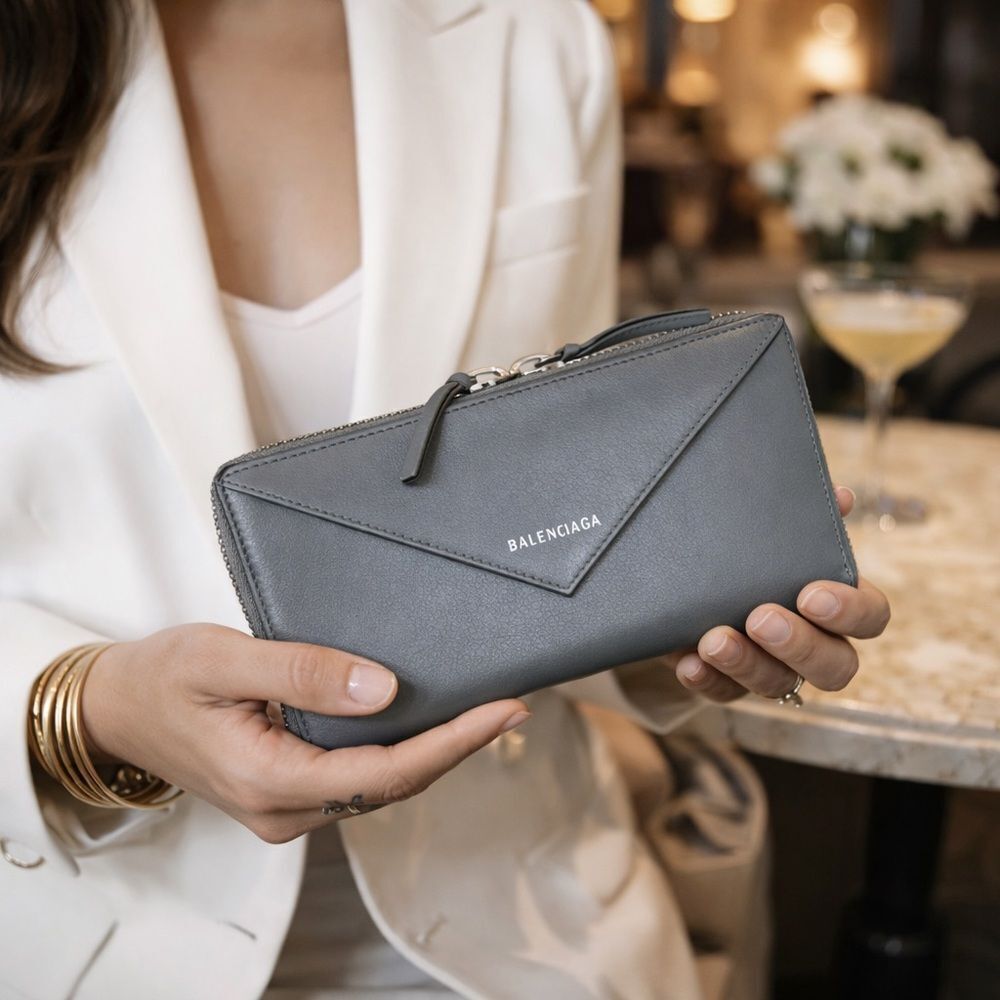 BALENCIAGA Papier Leather Zip Around Continental Long Wallet Gray